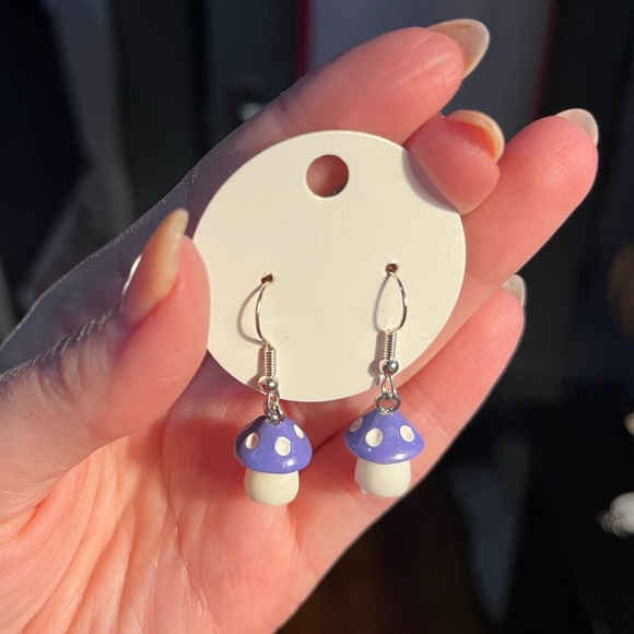Handmade Cute Purple Mushroom Dangle Earrings - Picture 2 of 3